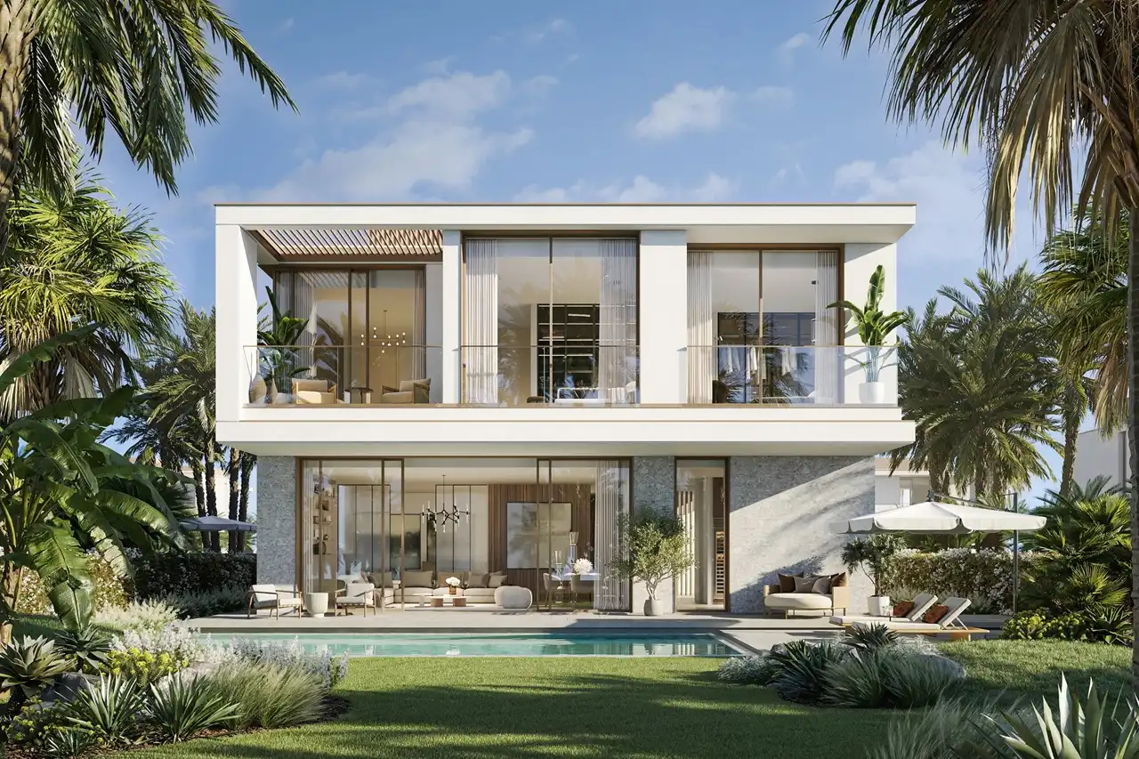 Bay Villas Garden Villa Type D poolside facade with landscaped garden and modern balconies in Island B Dubai Islands by Nakheel, Presented by Tohid Fetrat
