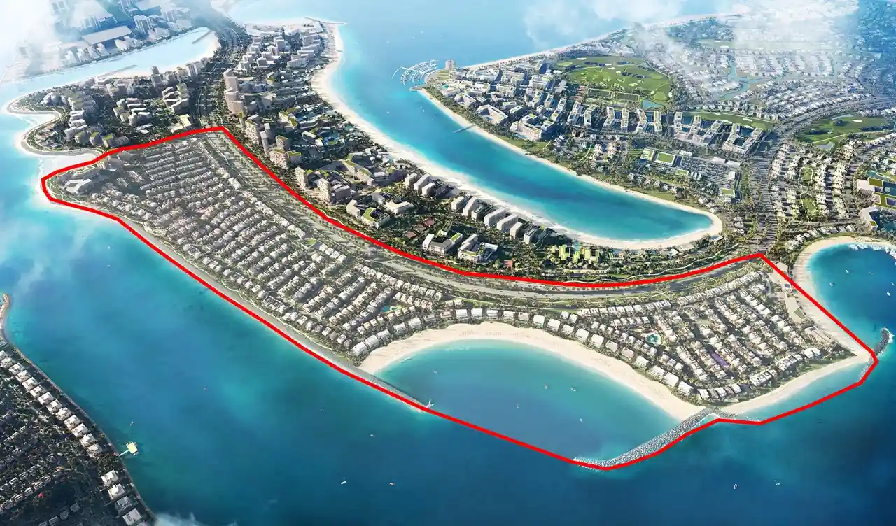 Bay Villas location highlighted on Island B within Dubai Islands Nakheel masterplan aerial view, Presented by Tohid Fetrat