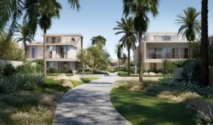 Bay Villas by Nakheel garden pathway between luxury villas Dubai Islands Gulf view community Presented by Tohid Fetrat