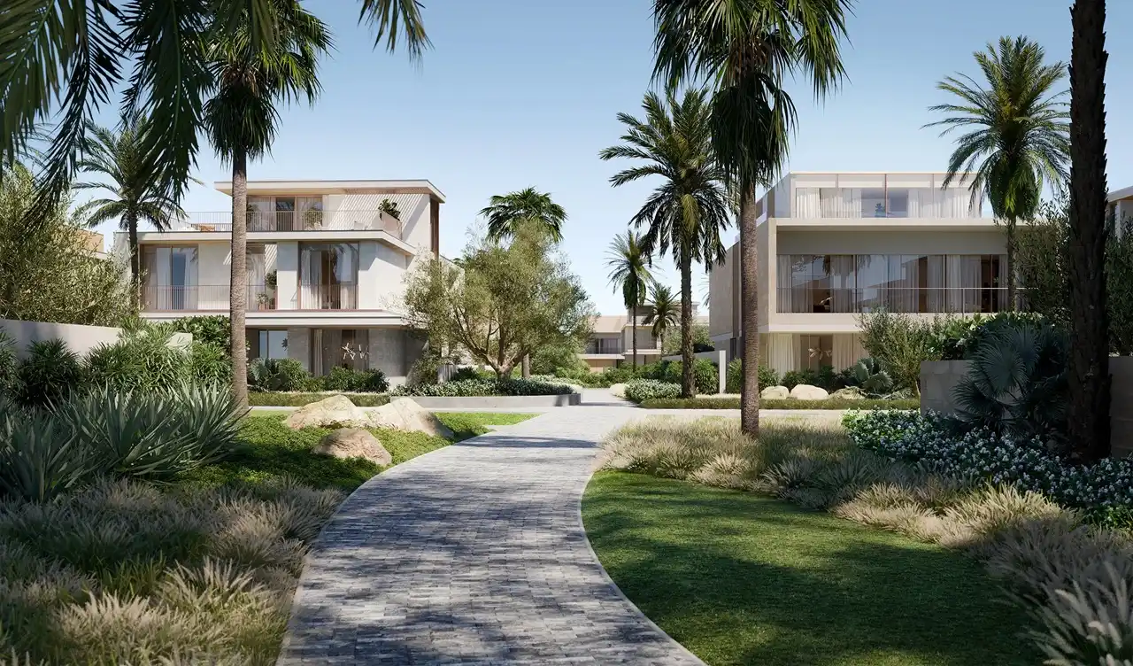 Bay Villas by Nakheel garden pathway between luxury villas Dubai Islands Gulf view community Presented by Tohid Fetrat