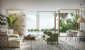 Bay Villas Semi Detached Villas Type A living room with garden and pool view Island B Dubai Islands Presented by Tohid Fetrat