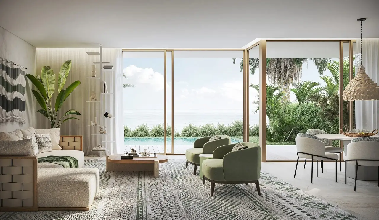 Bay Villas Semi Detached Villas Type A living room with garden and pool view Island B Dubai Islands Presented by Tohid Fetrat