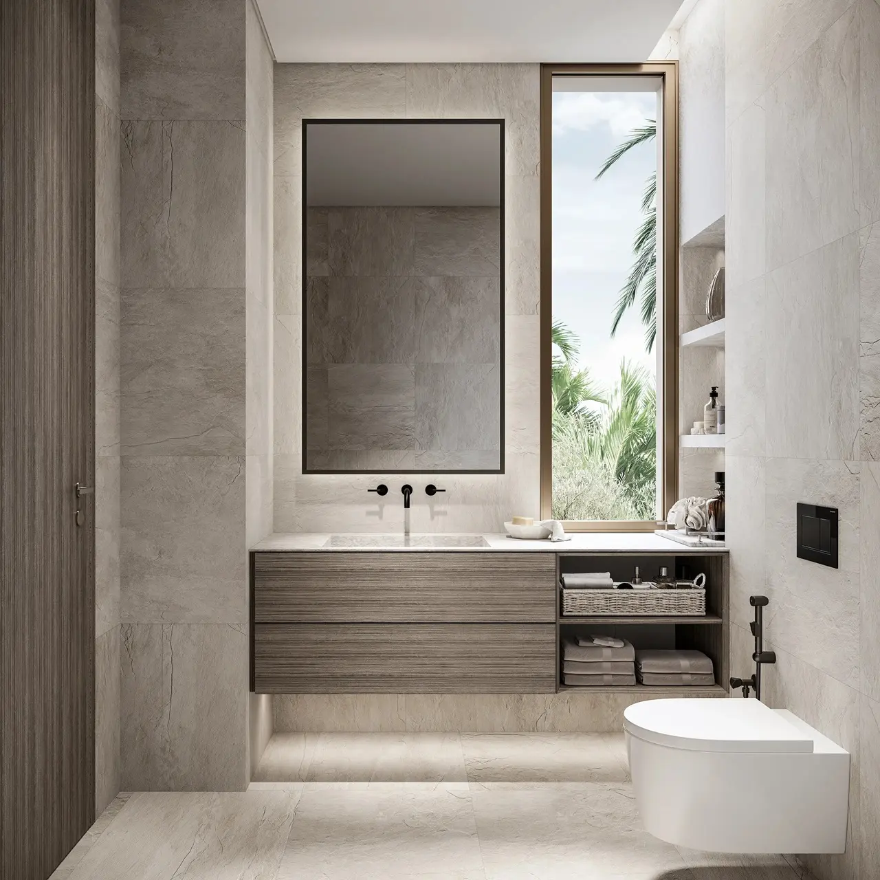 Bay Villas Semi Detached Villas Type A powder room with modern vanity and natural stone finishes Island B Dubai Islands Presented by Tohid Fetrat