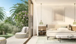 Bay Villas Semi Detached Villas Type A primary bedroom with balcony garden view modern interior Island B Dubai Islands Presented by Tohid Fetrat