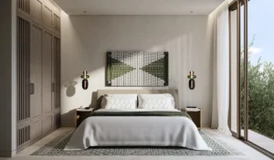 Bay Villas Semi Detached Villas Type A secondary bedroom modern interior design balcony view Island B Dubai Islands Presented by Tohid Fetrat