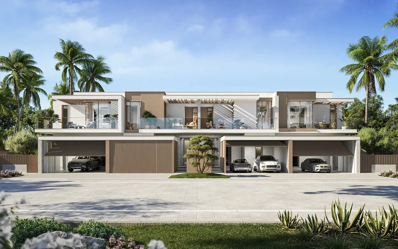 Bay Villas Townhouses Type A front view modern architecture private parking Island B Dubai Islands Presented by Tohid Fetrat Front exterior perspective of Bay Villas Townhouses Type A showcasing contemporary architecture, private garages, and landscaped surroundings in Island B Dubai Islands. Presented by Tohid Fetrat