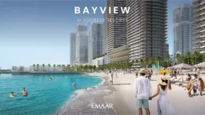 Beachfront lifestyle render of Bayview by Address Resorts at Emaar Beachfront, showing private sandy beach, turquoise Gulf waters, palm-lined promenade, and waterfront residential towers in Dubai, Presented by Tohid Fetrat
