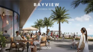 Beachfront promenade lifestyle render of Bayview by Address Resorts at Emaar Beachfront, featuring outdoor cafés, palm-lined walkways, family-friendly waterfront spaces, and direct beach access overlooking the Gulf, Presented by Tohid Fetrat