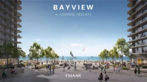 Beachfront promenade and public plaza at Bayview by Address Resorts in Emaar Beachfront, featuring pedestrian walkways, landscaped open spaces, retail frontage, and direct access to the beach along the Gulf, Presented by Tohid Fetrat