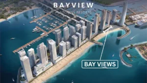 Aerial branded render of Bayview by Address Resorts at Emaar Beachfront, showcasing beachfront towers, private marina, sandy shoreline, and direct Gulf views in Dubai, Presented by Tohid Fetrat