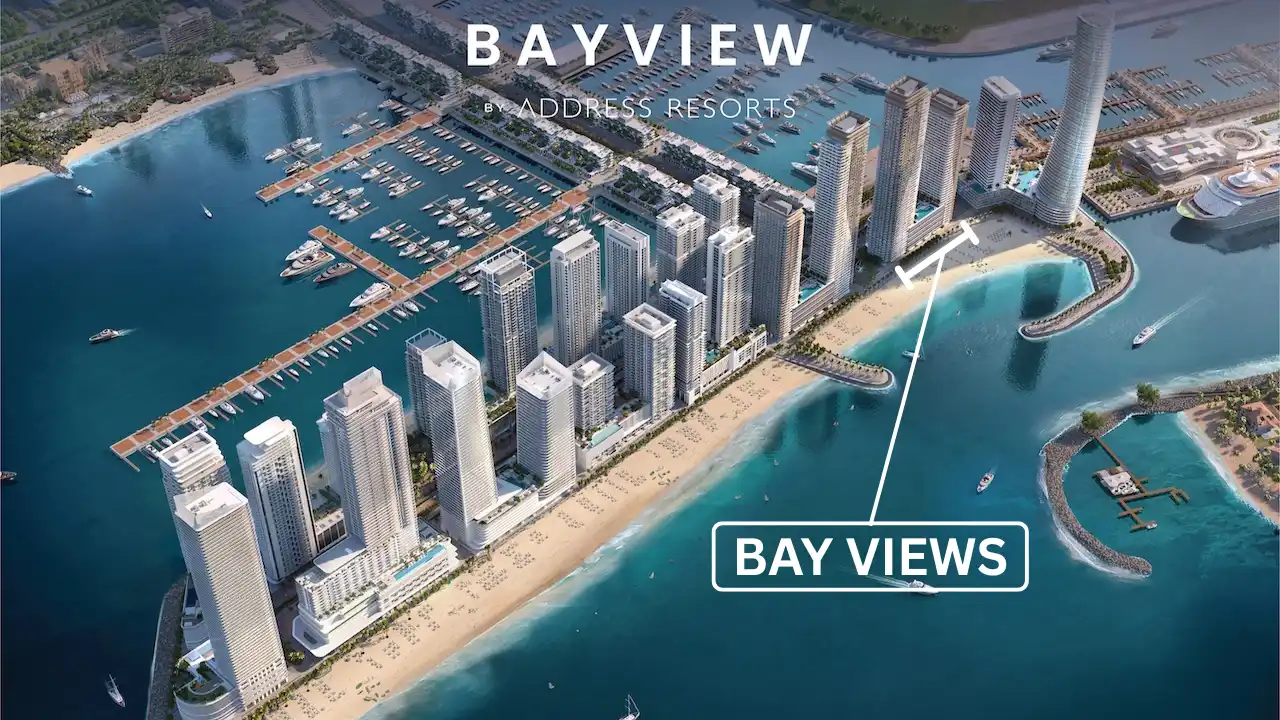 Aerial branded render of Bayview by Address Resorts at Emaar Beachfront, showcasing beachfront towers, private marina, sandy shoreline, and direct Gulf views in Dubai, Presented by Tohid Fetrat
