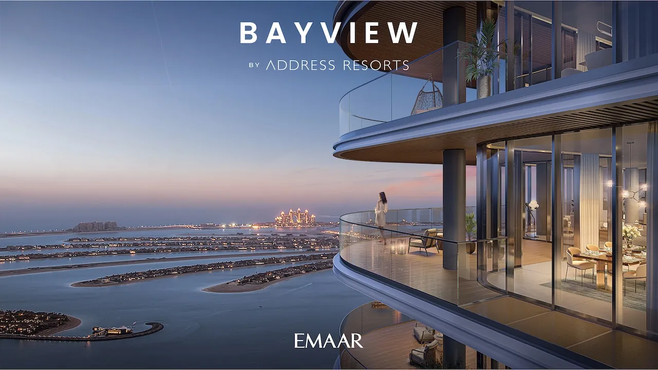 Panoramic balcony view at Bayview by Address Resorts in Emaar Beachfront, overlooking Palm Jumeirah, Dubai skyline, and the Gulf with luxury waterfront residences and sunset scenery, Presented by Tohid Fetrat