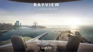 Panoramic sea and marina view from a luxury residence at Bayview by Address Resorts in Emaar Beachfront, overlooking the waterfront, marina promenade, skyline, and the Gulf from a private balcony setting, Presented by Tohid Fetrat