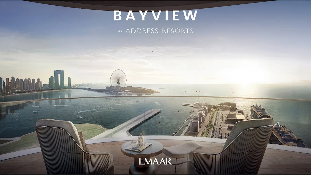 Panoramic sea and marina view from a luxury residence at Bayview by Address Resorts in Emaar Beachfront, overlooking the waterfront, marina promenade, skyline, and the Gulf from a private balcony setting, Presented by Tohid Fetrat