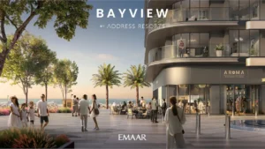 Retail and beachfront promenade scene at Bayview by Address Resorts in Emaar Beachfront, featuring waterfront dining, luxury retail spaces, palm-lined walkways, and an upscale coastal lifestyle overlooking the Gulf, Presented by Tohid Fetrat