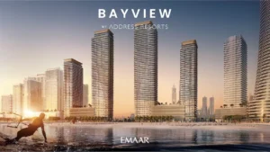 Sunrise beachfront view of Bayview by Address Resorts at Emaar Beachfront, showcasing iconic waterfront towers, sandy shoreline, active beach lifestyle, and panoramic Dubai skyline views along the Gulf, Presented by Tohid Fetrat