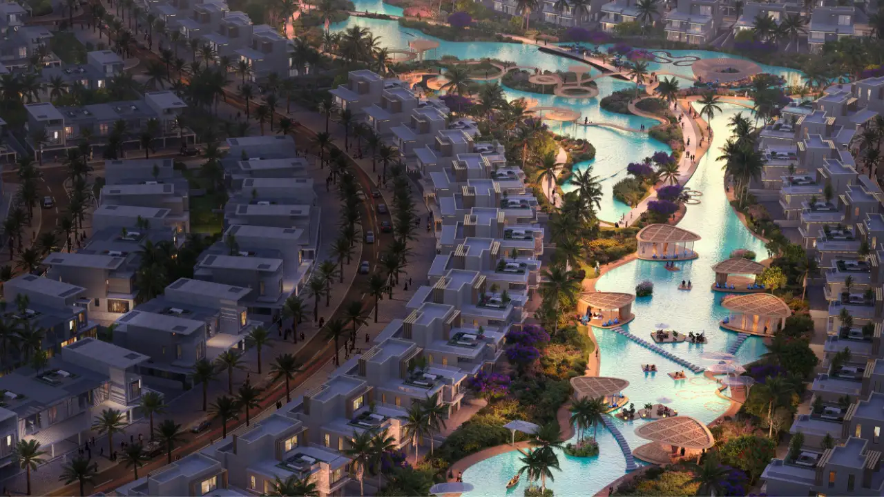 Antigua at DAMAC Islands 2 lagoon community aerial view with waterfront villas landscaped walkways and island lifestyle Dubai Presented by Tohid Fetrat