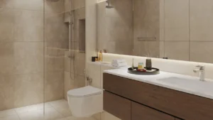 Antigua at DAMAC Islands 2 modern villa bathroom interior with elegant vanity contemporary fittings and premium finishes Dubai Presented by Tohid Fetrat