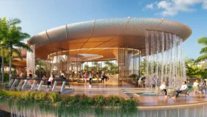 Bahamas at DAMAC Islands 2 fitness clubhouse with terrace gym and waterfall architectural feature Bermuda community Dubai Presented by Tohid Fetrat