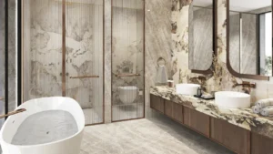 Bahamas at DAMAC Islands 2 luxury villa master bathroom interior with marble finishes freestanding bathtub and double vanity Bermuda community Dubai Presented by Tohid Fetrat