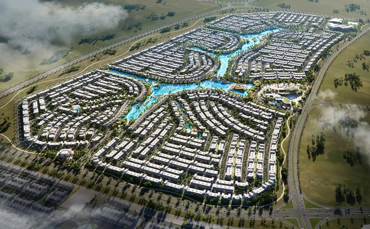 Barbados at DAMAC Islands 2 daytime aerial lagoon community masterplan Dubai Presented by Tohid Fetrat