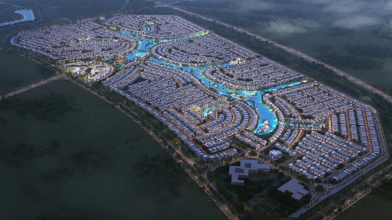 Barbados at DAMAC Islands 2 evening aerial lagoon community masterplan Dubai Presented by Tohid Fetrat