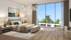 Barbados at DAMAC Islands 2 modern villa bedroom interior with floor to ceiling windows and contemporary design Dubai Presented by Tohid Fetrat
