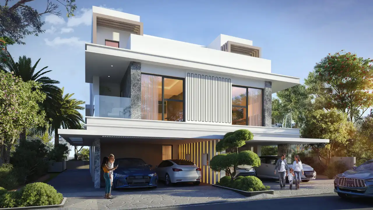 Barbados at DAMAC Islands 2 modern luxury villa exterior with family entrance and private parking Dubai Presented by Tohid Fetrat