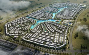 Bermuda at DAMAC Islands 2 daytime aerial view with waterways landscaped areas and villa neighborhoods community layout Dubai Presented by Tohid Fetrat