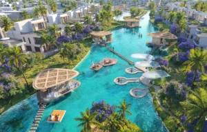 Bermuda at DAMAC Islands 2 lagoon leisure pavilions with waterfront seating and landscaped walkways community setting Dubai Presented by Tohid Fetrat