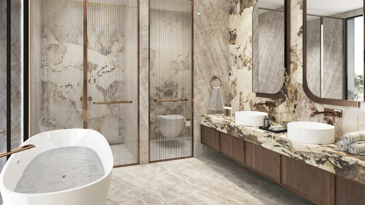 Bermuda at DAMAC Islands 2 luxury villa bathroom interior with marble finishes and modern design inside Bermuda community Dubai Presented by Tohid Fetrat