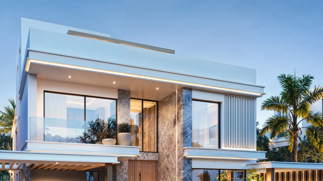 Bermuda at DAMAC Islands 2 modern luxury villa exterior with contemporary architecture and private residence setting in Bermuda community Dubai Presented by Tohid Fetrat