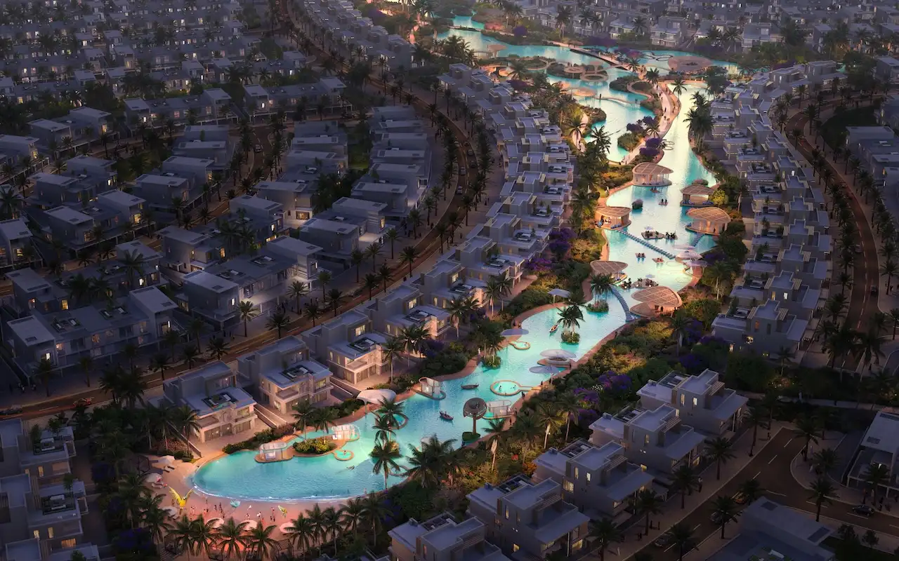 Bermuda at DAMAC Islands 2 illuminated lagoon villas with waterfront walkways and leisure spaces community setting Dubai Presented by Tohid Fetrat