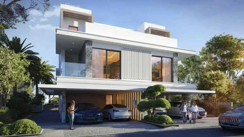 Bermuda at DAMAC Islands 2 twin villa exterior modern façade with private parking and landscaped community setting Dubai Presented by Tohid Fetrat