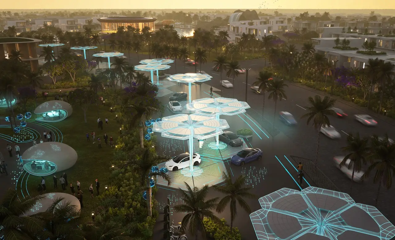 Cuba at DAMAC Islands 2 community entrance with landscaped boulevard and modern lighting design Dubai Presented by Tohid Fetrat