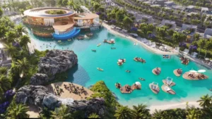 Maui at DAMAC Islands 2 lagoon clubhouse waterfront with floating leisure platforms beach style relaxation areas and villa community setting Dubai Presented by Tohid Fetrat