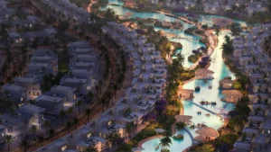 Maui at DAMAC Islands 2 aerial lagoon community view featuring waterfront villas landscaped walkways and crystal lagoon lifestyle Dubai Presented by Tohid Fetrat