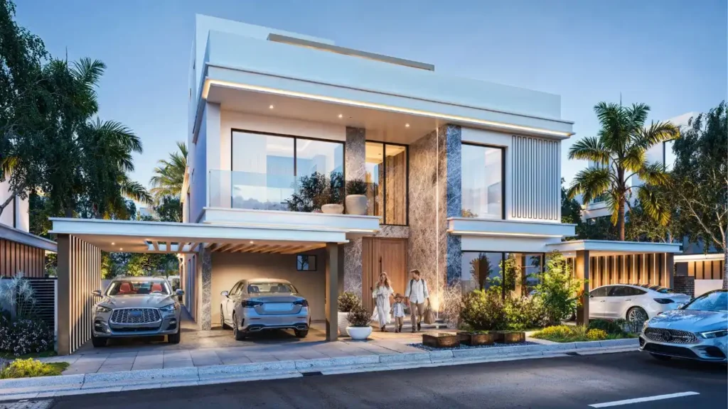 Luxury villa front elevation at Maui phase in DAMAC Islands 2 Dubai with modern architecture, private parking and landscaped entrance Presented by Tohid Fetrat