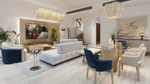 Luxury villa living and dining interior in Maui phase DAMAC Islands 2 featuring modern open plan layout elegant furnishings and premium finishes Dubai Presented by Tohid Fetrat