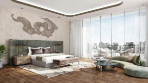 Luxury master bedroom interior at Maui phase DAMAC Islands 2 modern villa design with terrace view Dubai Presented by Tohid Fetrat