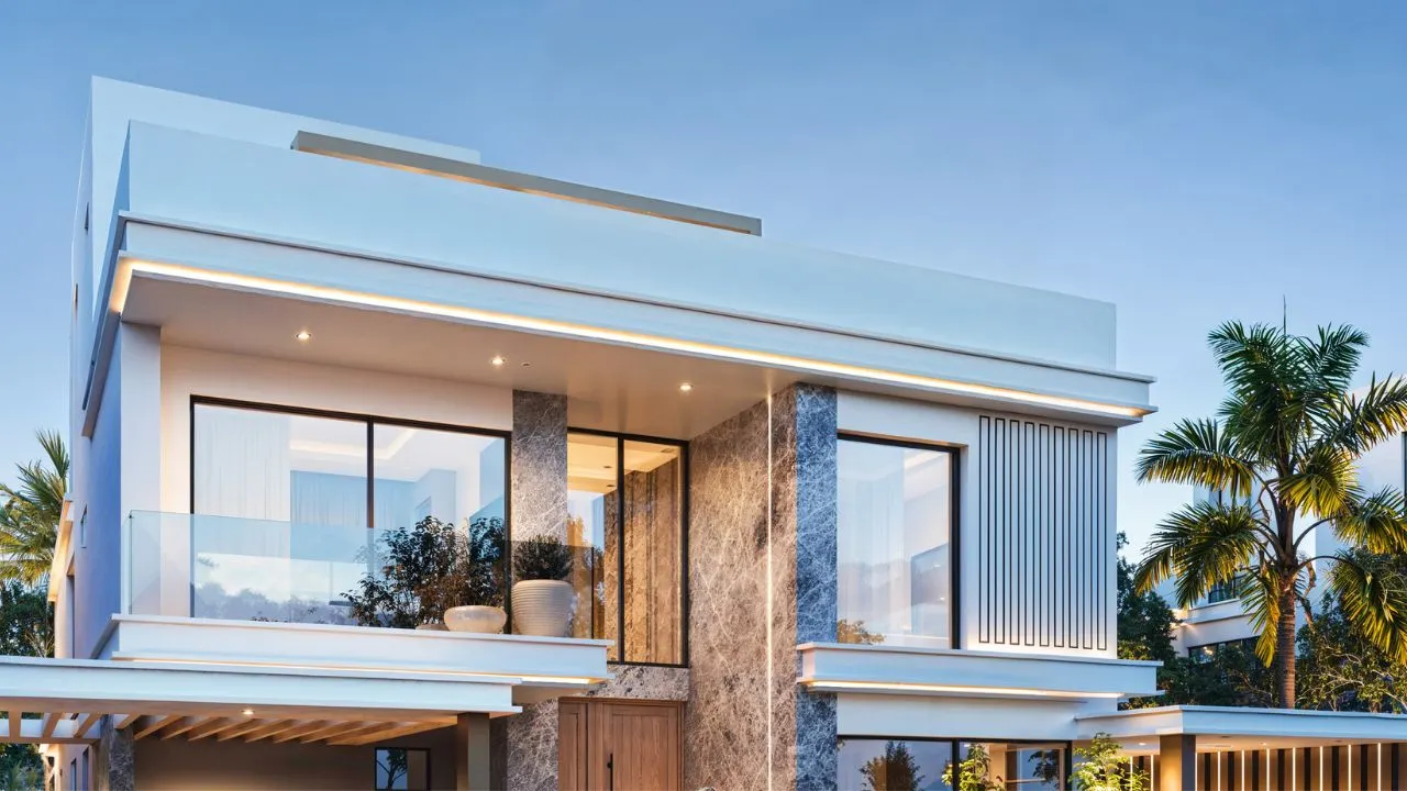 Modern luxury villa exterior at Maui phase in DAMAC Islands 2 Dubai with contemporary architecture and private residential setting Presented by Tohid Fetrat