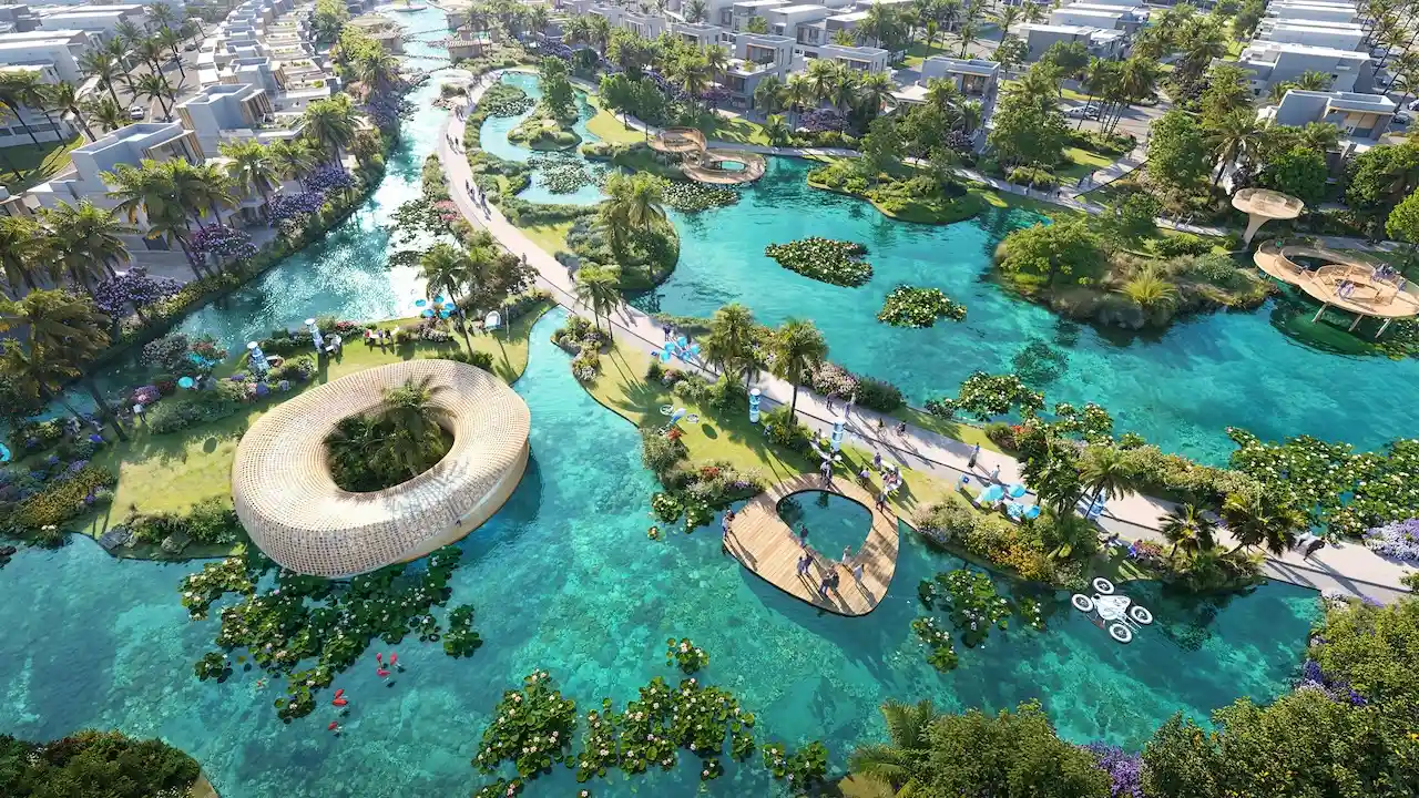 Mauritius at DAMAC Islands 2 lagoon parkland with landscaped islands walking paths and waterfront villa community Dubai Presented by Tohid Fetrat