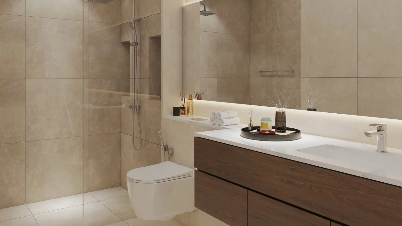 Mauritius at DAMAC Islands 2 modern villa bathroom interior with elegant marble finishes walk in shower and contemporary minimalist design Dubai Presented by Tohid Fetrat