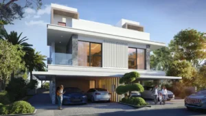 Mauritius at DAMAC Islands 2 modern villa exterior with family entrance landscaped driveway and contemporary residential architecture Dubai Presented by Tohid Fetrat