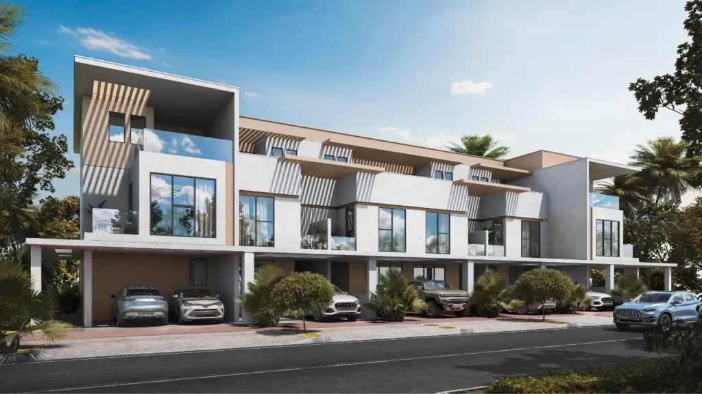 Mauritius at DAMAC Islands 2 contemporary townhouses street front view with shaded balconies modern facades and landscaped surroundings Dubai Presented by Tohid Fetrat