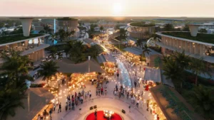 Tahiti at DAMAC Islands 2 community market plaza with outdoor retail stalls and landscaped social spaces Dubai Presented by Tohid Fetrat