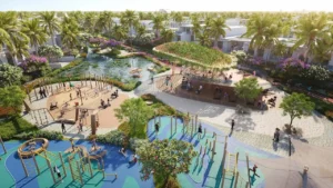 Tahiti at DAMAC Islands 2 community park with outdoor fitness areas landscaped gardens and villa surroundings Dubai Presented by Tohid Fetrat