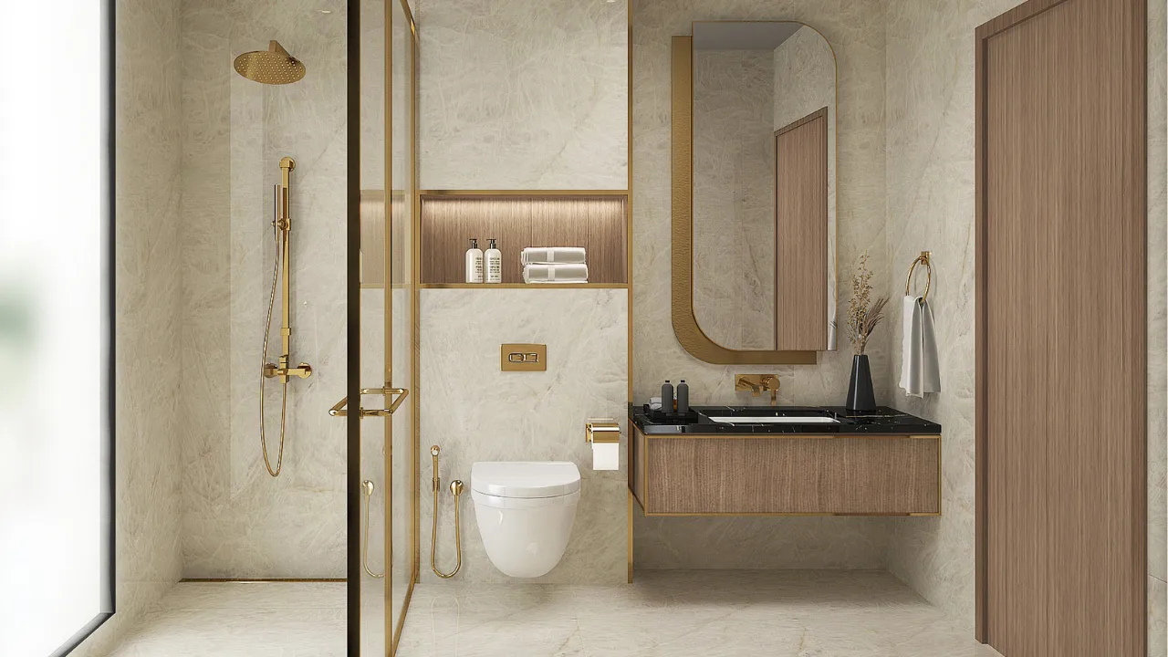 Tahiti at DAMAC Islands 2 luxury villa bathroom interior with marble walls walk in shower gold fixtures floating vanity and modern resort style design in Dubai Presented by Tohid Fetrat