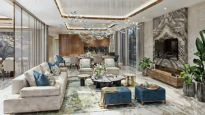 Luxury villa interior living room in Tahiti at DAMAC Islands 2 featuring modern open plan design marble finishes and elegant furniture Dubai Presented by Tohid Fetrat