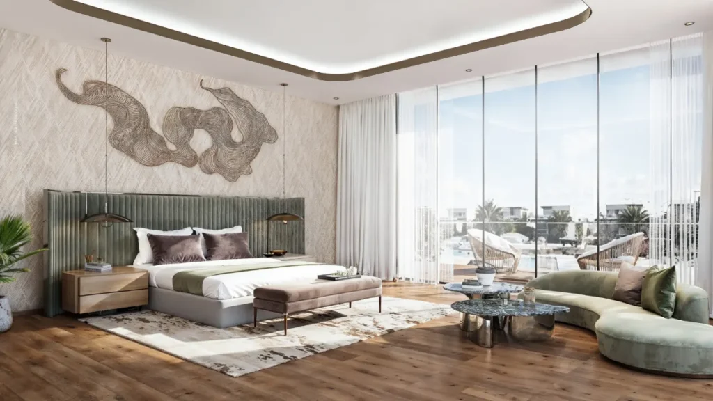 Luxury master bedroom interior in Tahiti at DAMAC Islands 2 featuring floor to ceiling windows modern design and resort style waterfront living Dubai Presented by Tohid Fetrat